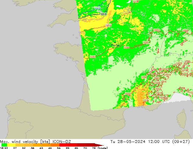 Max. wind velocity ICON-D2 mar 28.05.2024 12 UTC