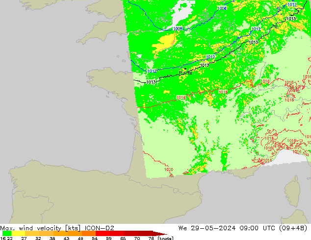 Max. wind velocity ICON-D2 St 29.05.2024 09 UTC