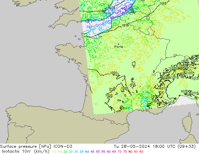 Isotachen (km/h) ICON-D2 Di 28.05.2024 18 UTC