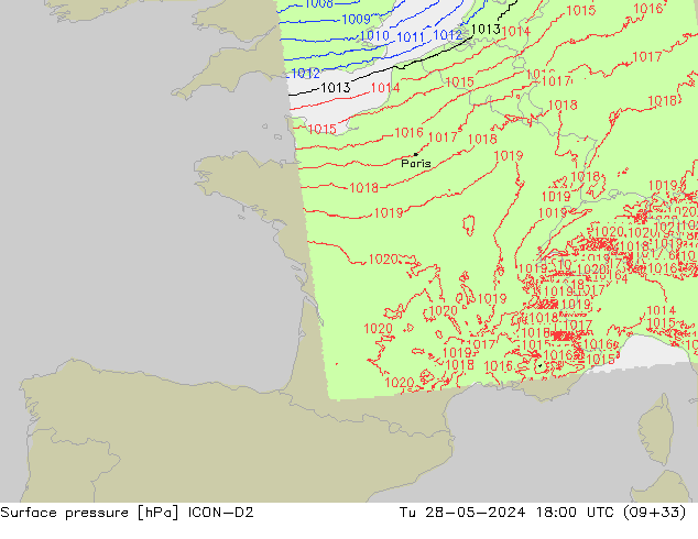 pression de l'air ICON-D2 mar 28.05.2024 18 UTC