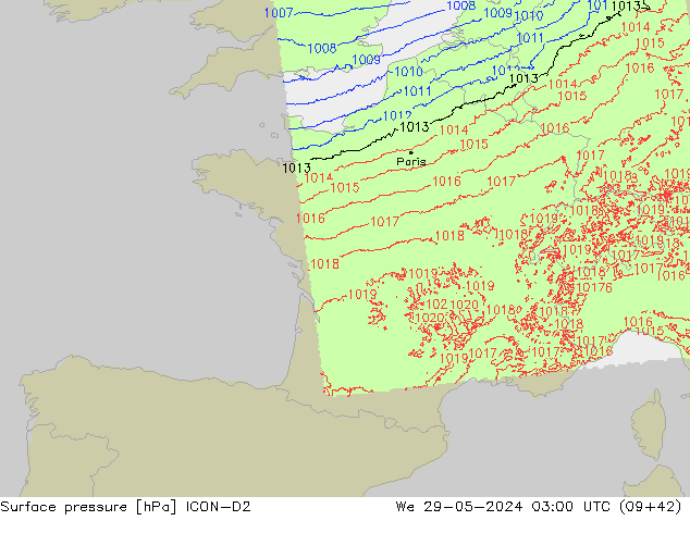 Surface pressure ICON-D2 We 29.05.2024 03 UTC