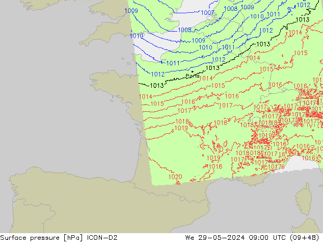Atmosférický tlak ICON-D2 St 29.05.2024 09 UTC