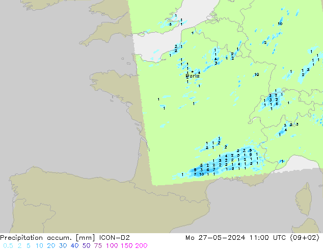 Precipitation accum. ICON-D2  27.05.2024 11 UTC