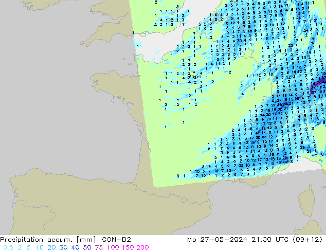 Totale neerslag ICON-D2 ma 27.05.2024 21 UTC