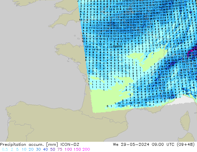 Precipitation accum. ICON-D2 Qua 29.05.2024 09 UTC