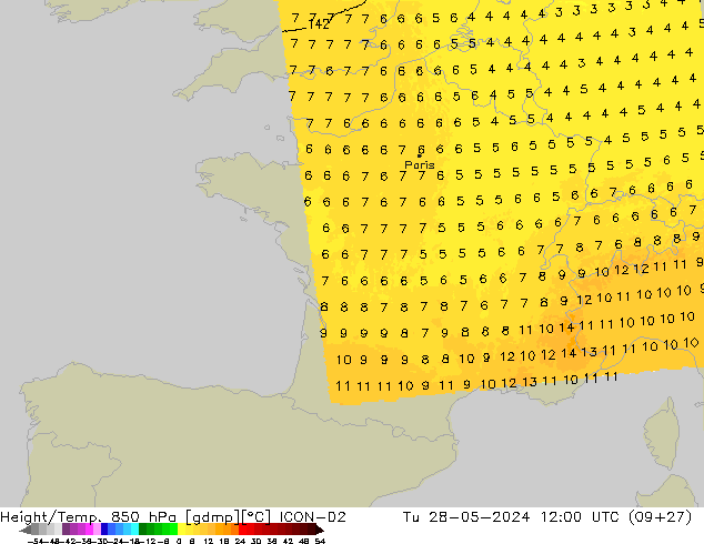 Yükseklik/Sıc. 850 hPa ICON-D2 Sa 28.05.2024 12 UTC