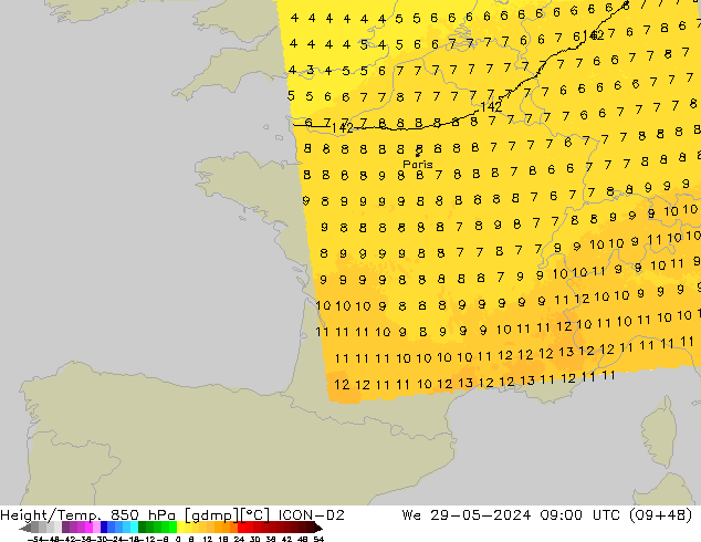 Height/Temp. 850 hPa ICON-D2 mer 29.05.2024 09 UTC