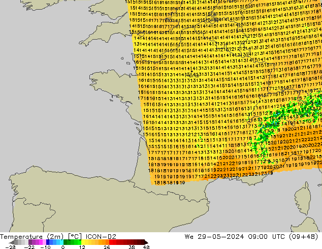 Temperature (2m) ICON-D2 St 29.05.2024 09 UTC