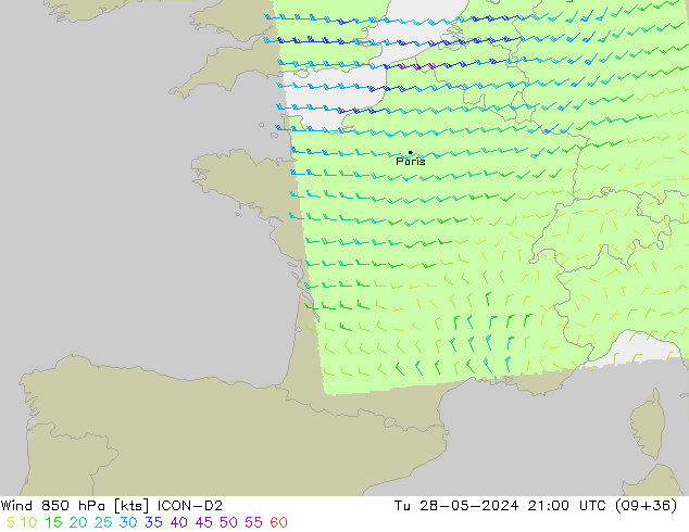 Vent 850 hPa ICON-D2 mar 28.05.2024 21 UTC