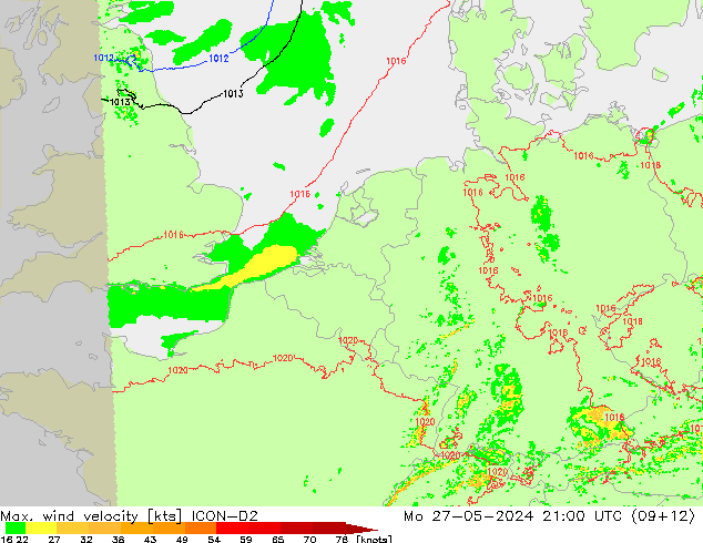 Max. wind velocity ICON-D2 lun 27.05.2024 21 UTC