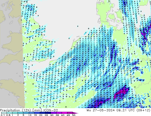 Totale neerslag (12h) ICON-D2 ma 27.05.2024 21 UTC
