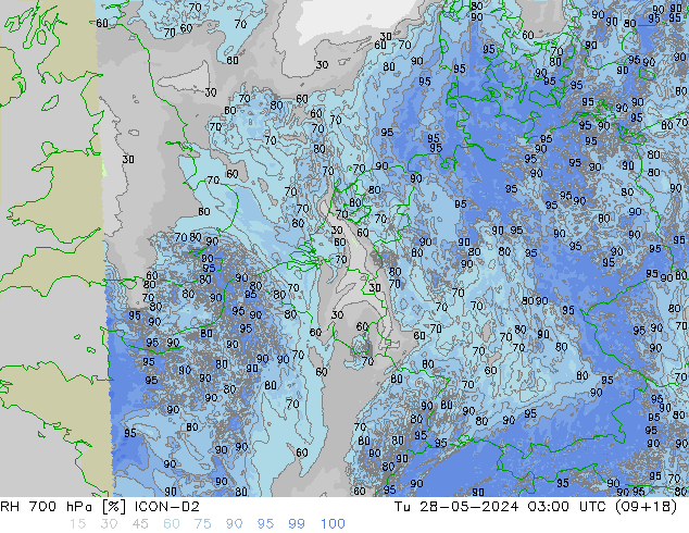 Humedad rel. 700hPa ICON-D2 mar 28.05.2024 03 UTC