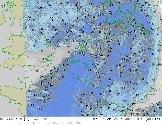 RH 700 hPa ICON-D2 We 29.05.2024 09 UTC