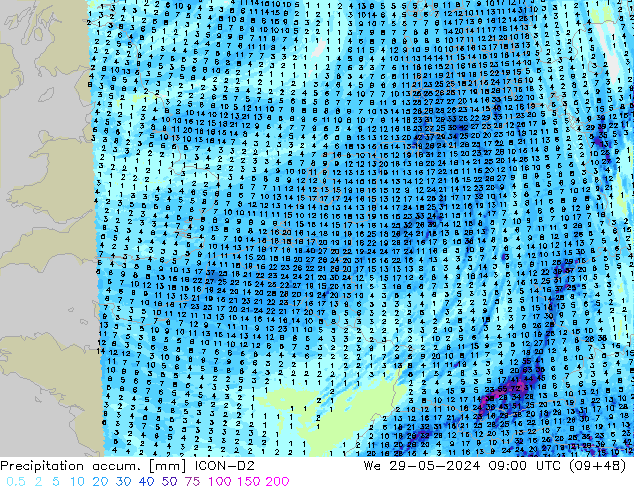 Nied. akkumuliert ICON-D2 Mi 29.05.2024 09 UTC