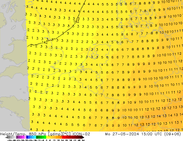 Height/Temp. 850 hPa ICON-D2  27.05.2024 15 UTC