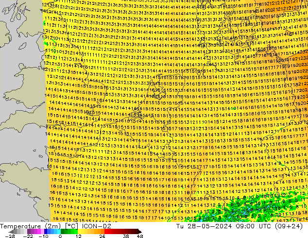 Temperatura (2m) ICON-D2 Ter 28.05.2024 09 UTC