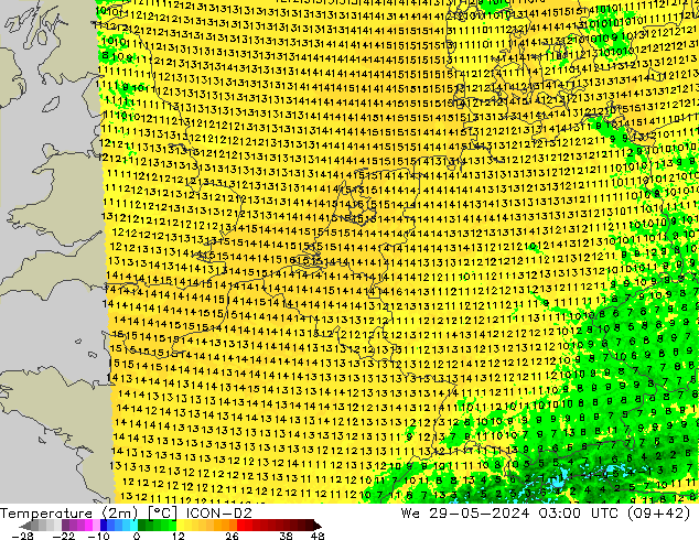 карта температуры ICON-D2 ср 29.05.2024 03 UTC