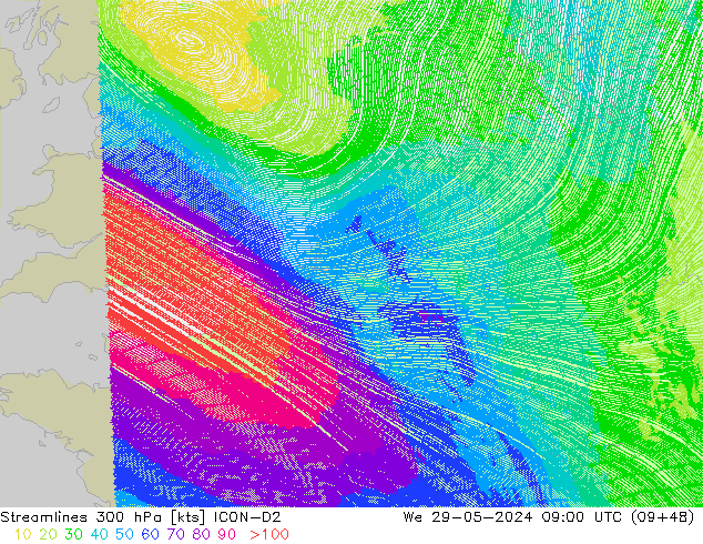 Línea de corriente 300 hPa ICON-D2 mié 29.05.2024 09 UTC