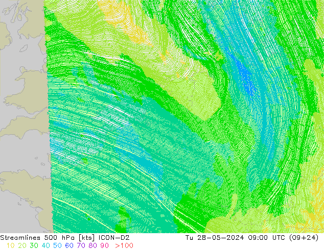 Streamlines 500 hPa ICON-D2 Út 28.05.2024 09 UTC