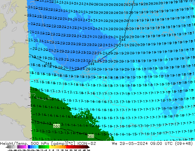 Geop./Temp. 500 hPa ICON-D2 mié 29.05.2024 09 UTC