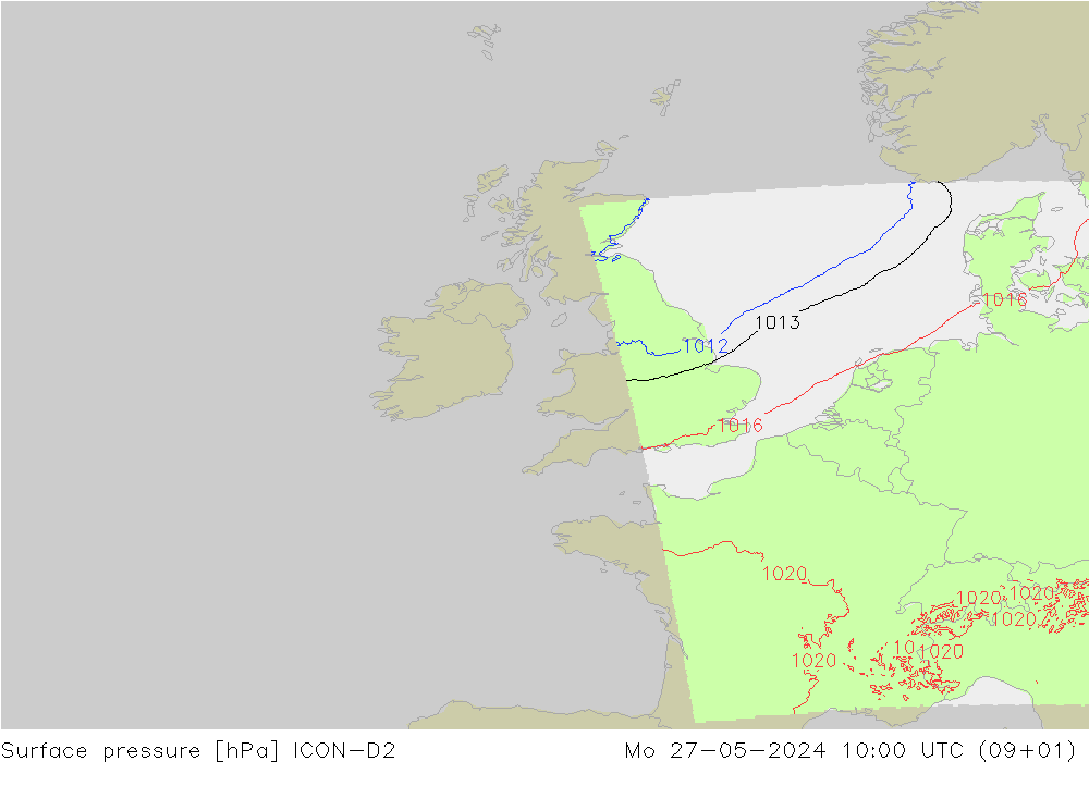 Surface pressure ICON-D2 Mo 27.05.2024 10 UTC