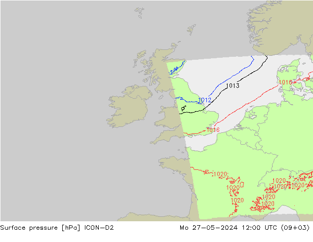 Presión superficial ICON-D2 lun 27.05.2024 12 UTC