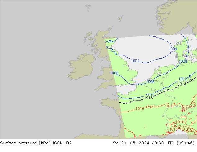 Luchtdruk (Grond) ICON-D2 wo 29.05.2024 09 UTC