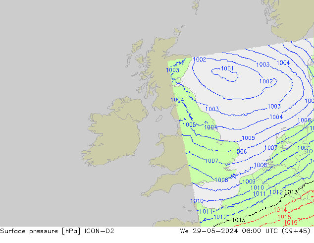 Luchtdruk (Grond) ICON-D2 wo 29.05.2024 06 UTC