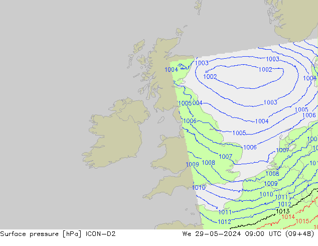 Surface pressure ICON-D2 We 29.05.2024 09 UTC