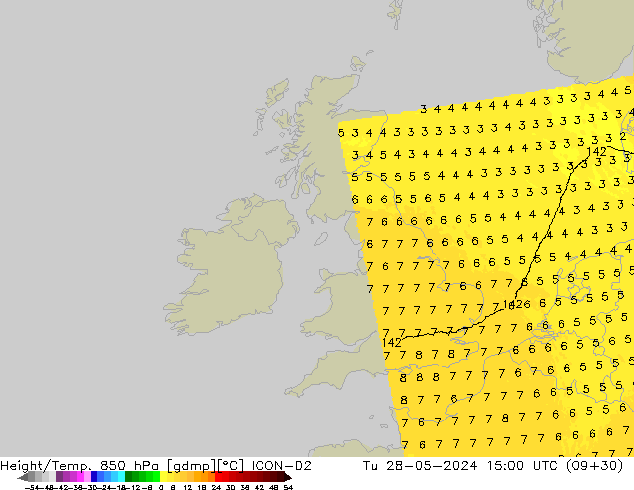 Height/Temp. 850 гПа ICON-D2 вт 28.05.2024 15 UTC