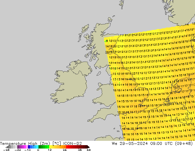 Temperatura máx. (2m) ICON-D2 mié 29.05.2024 09 UTC