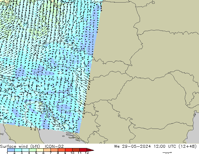 Surface wind (bft) ICON-D2 We 29.05.2024 12 UTC