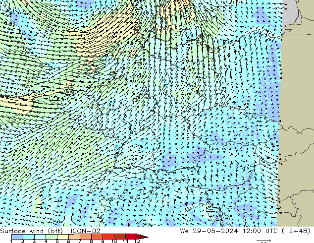 Wind 10 m (bft) ICON-D2 wo 29.05.2024 12 UTC