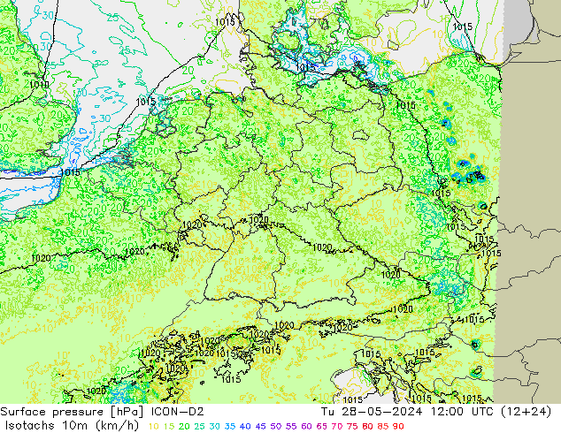 Izotacha (km/godz) ICON-D2 wto. 28.05.2024 12 UTC