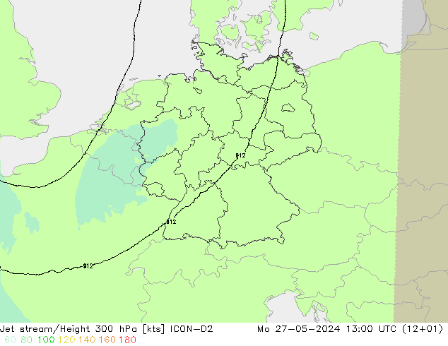 Jet stream/Height 300 hPa ICON-D2 Po 27.05.2024 13 UTC