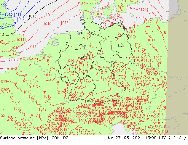 Surface pressure ICON-D2 Mo 27.05.2024 13 UTC