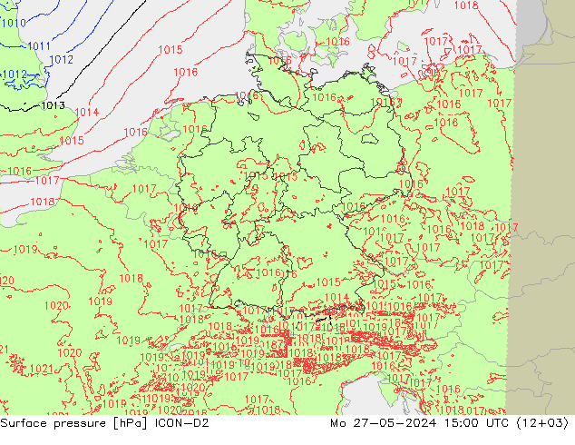 Presión superficial ICON-D2 lun 27.05.2024 15 UTC