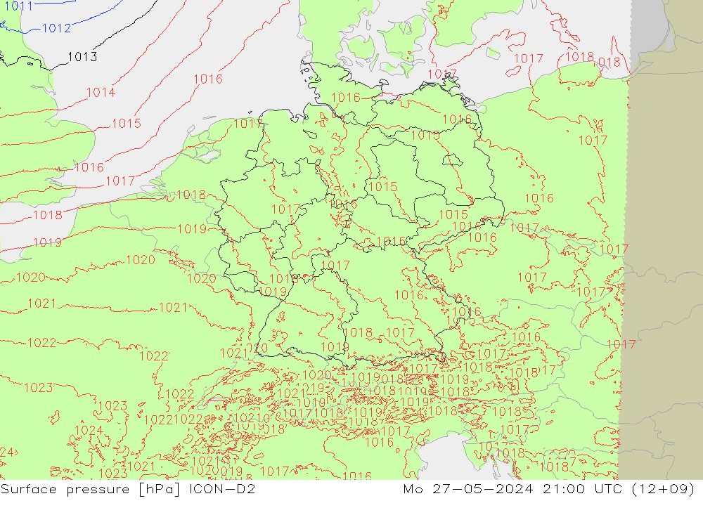 Surface pressure ICON-D2 Mo 27.05.2024 21 UTC
