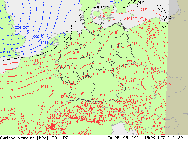 Atmosférický tlak ICON-D2 Út 28.05.2024 18 UTC