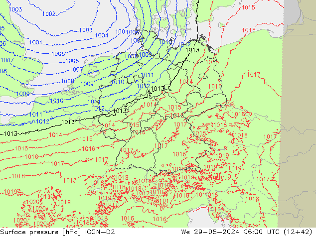 Yer basıncı ICON-D2 Çar 29.05.2024 06 UTC