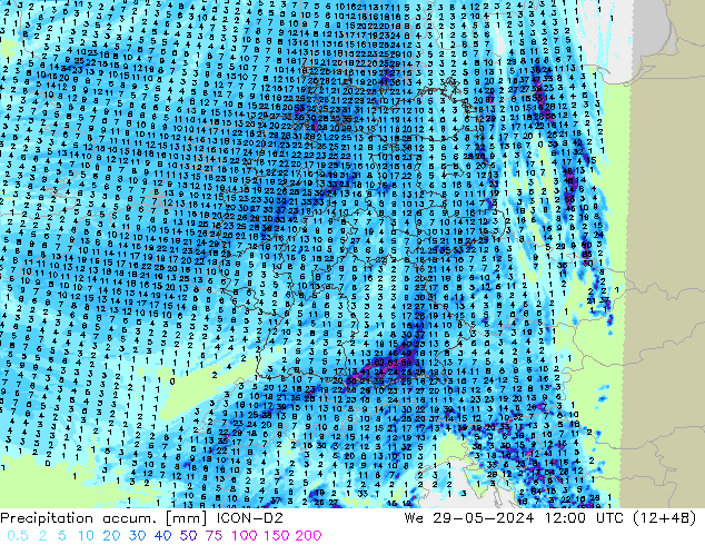 Precipitation accum. ICON-D2 St 29.05.2024 12 UTC