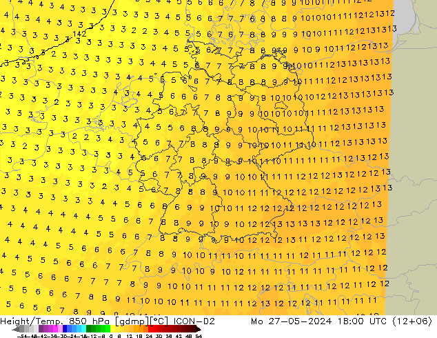 Height/Temp. 850 hPa ICON-D2 pon. 27.05.2024 18 UTC