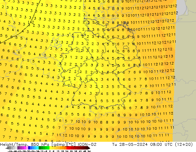 Height/Temp. 850 hPa ICON-D2 Tu 28.05.2024 08 UTC