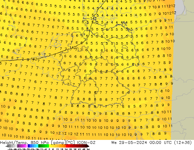 Height/Temp. 850 hPa ICON-D2 mer 29.05.2024 00 UTC