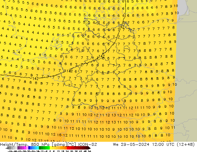 Height/Temp. 850 hPa ICON-D2 St 29.05.2024 12 UTC