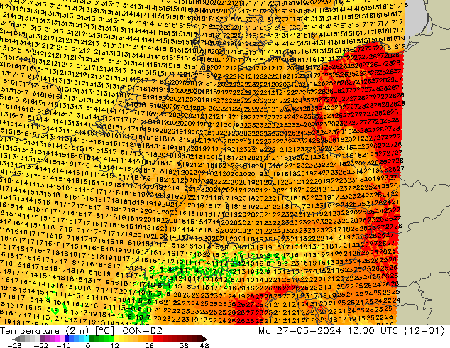 Temperaturkarte (2m) ICON-D2 Mo 27.05.2024 13 UTC