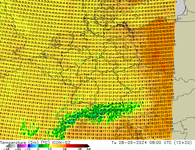 Temperature (2m) ICON-D2 Tu 28.05.2024 08 UTC