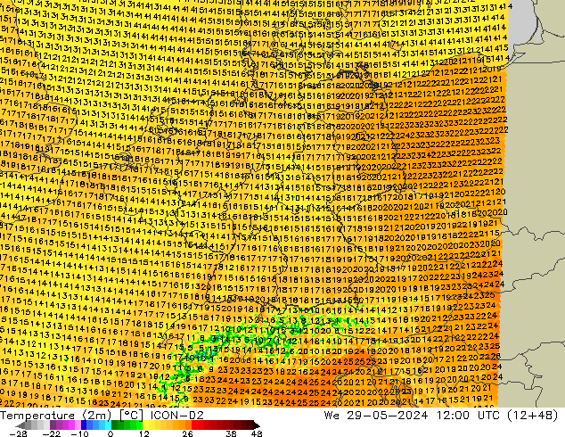 Temperatura (2m) ICON-D2 Qua 29.05.2024 12 UTC