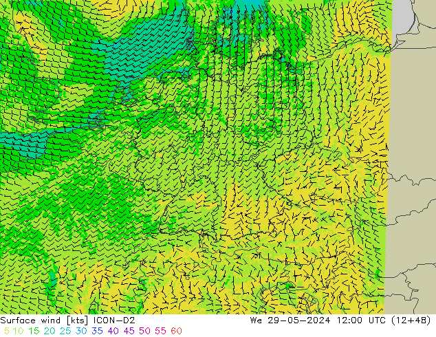 Surface wind ICON-D2 St 29.05.2024 12 UTC