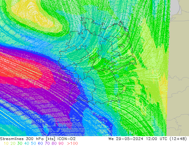 Stromlinien 300 hPa ICON-D2 Mi 29.05.2024 12 UTC